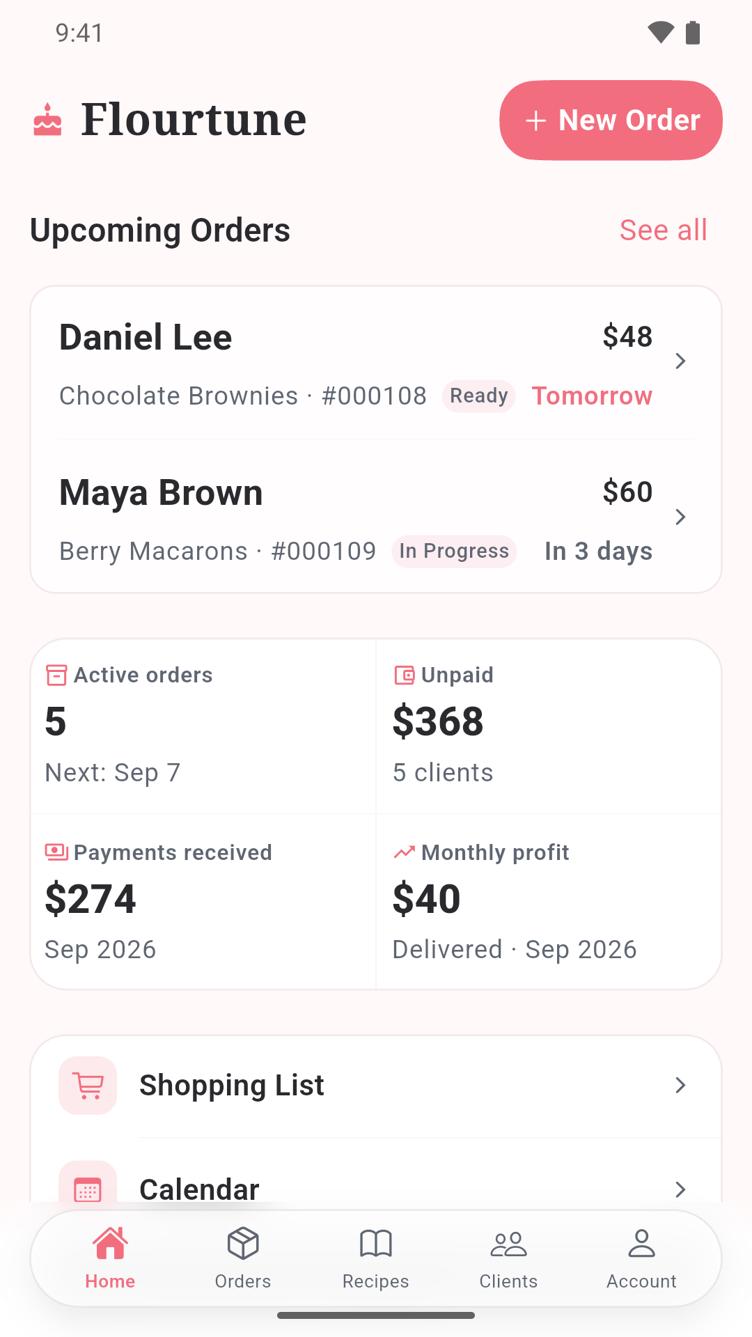 Flourtune dashboard showing upcoming orders, outstanding payments, and monthly profit.