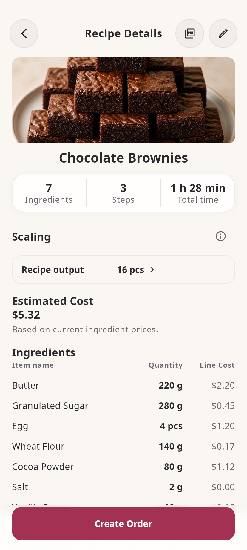 Resep brownie cokelat di Flourtune dengan jumlah bahan dan rincian biaya.
