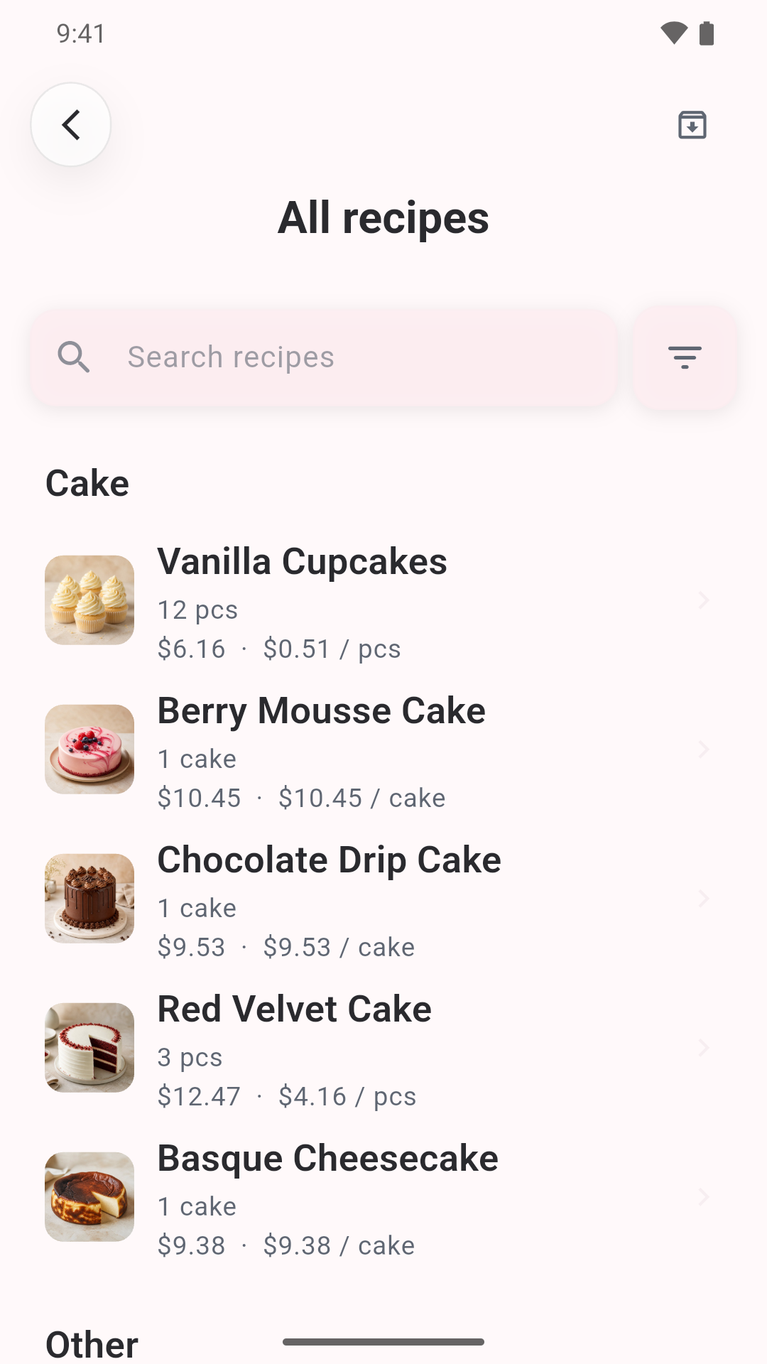 Flourtune recipe library with batch quantities and ingredient costs for cakes and cupcakes.