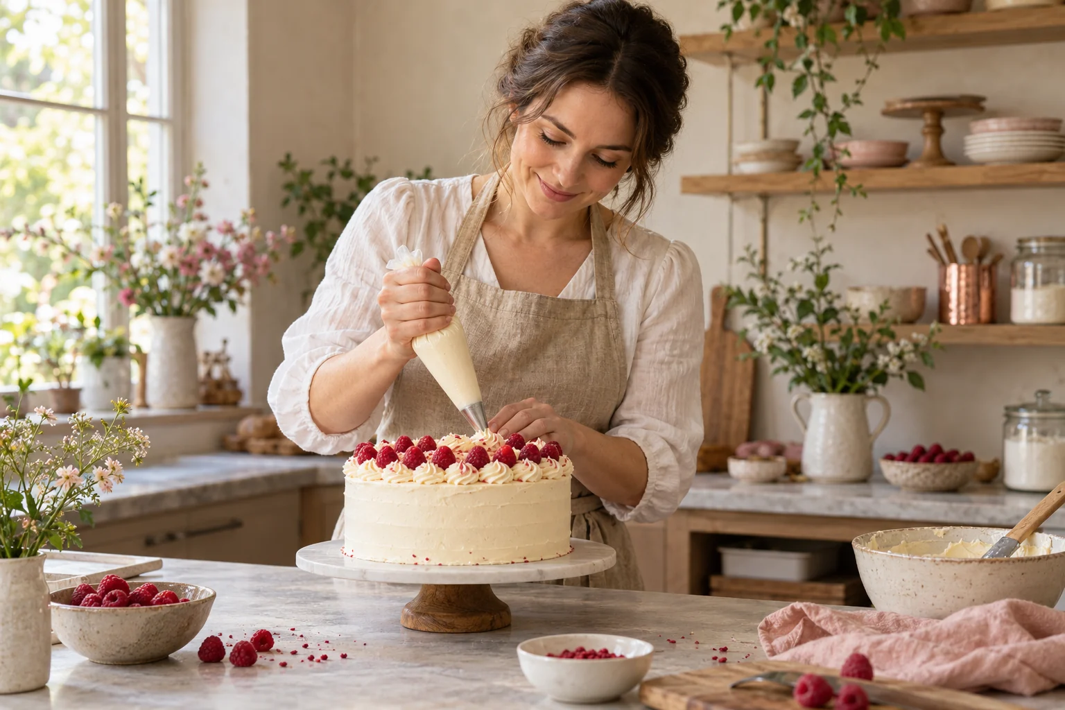 Seorang perempuan pembuat kue menghias kue raspberry di dapur yang disinari matahari.