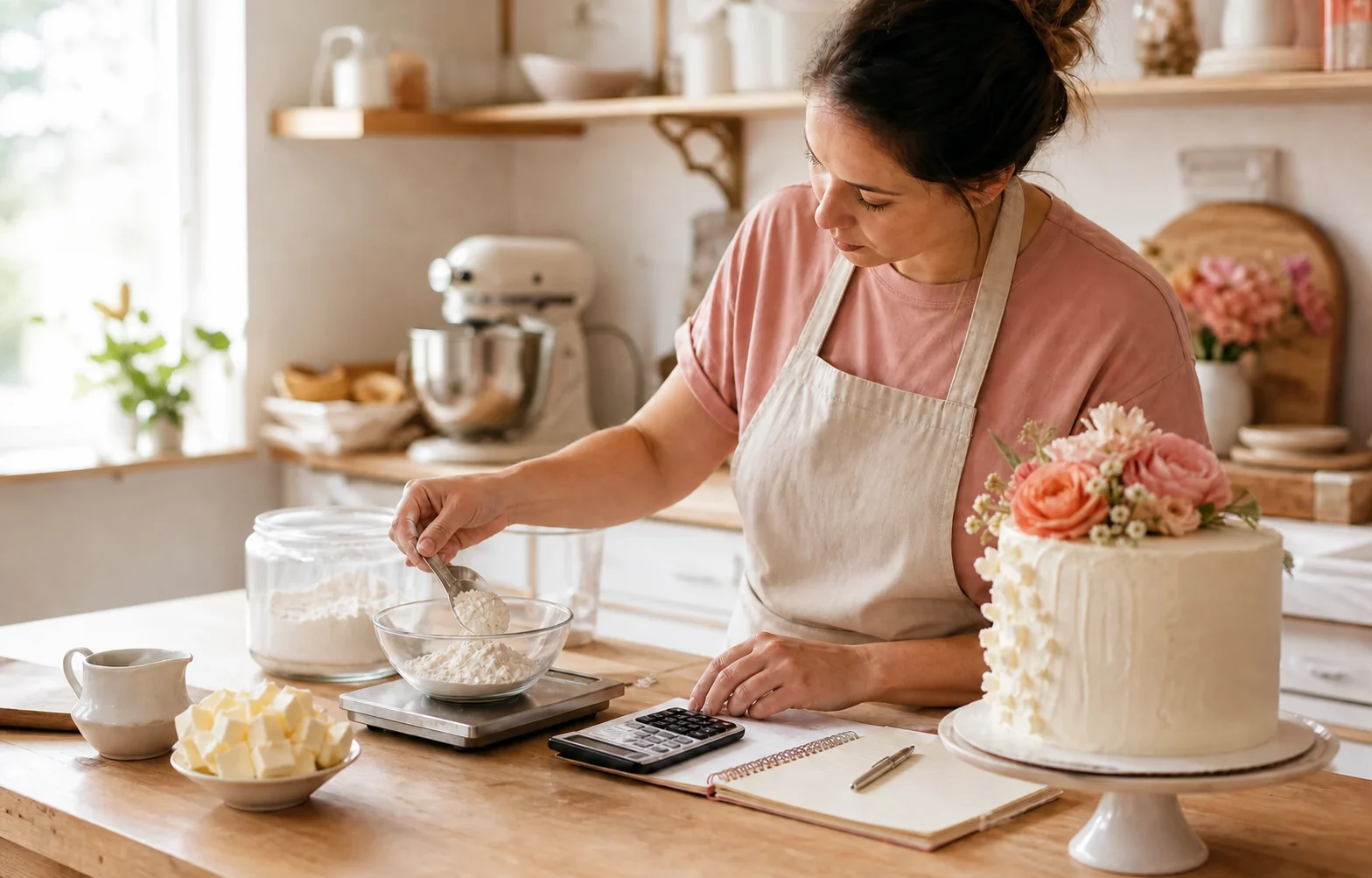 Home baker weighing flour beside a finished cake while using a calculator.