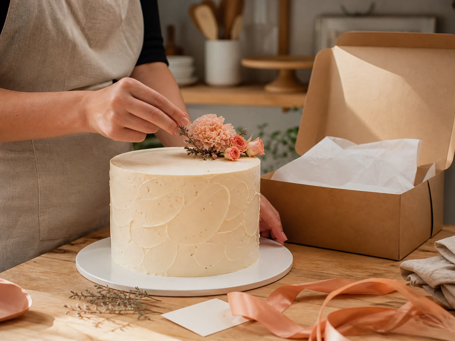 Independent baker adding the final decoration to a cake beside its delivery box.