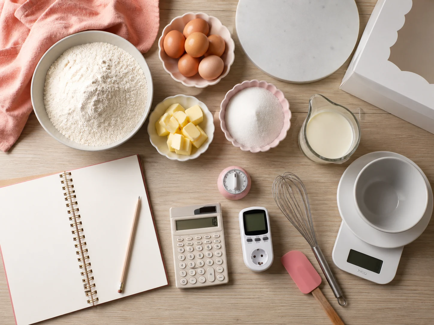 Baking ingredients, packaging, a scale, calculator, timer, and electricity meter arranged on a worktable.